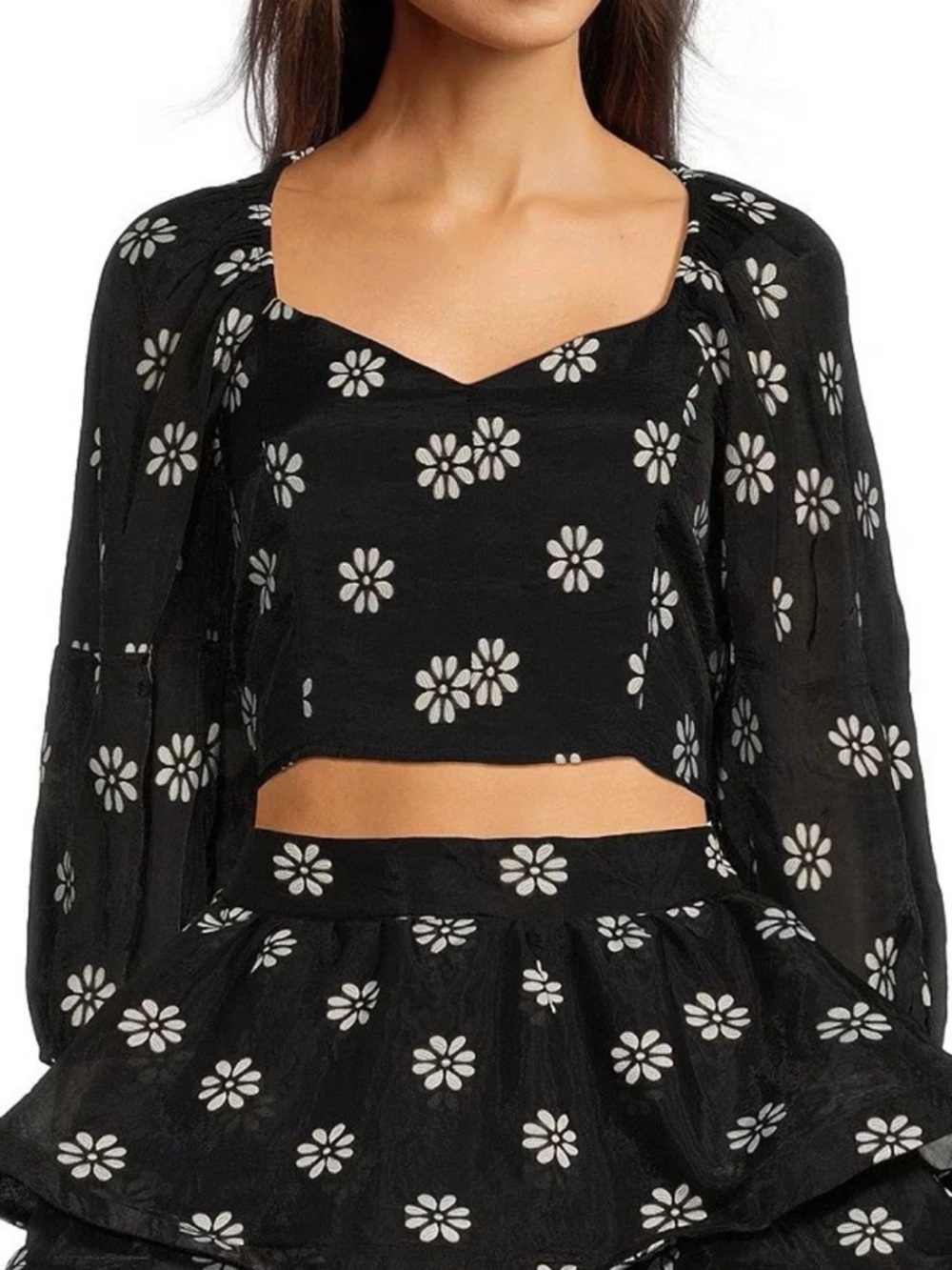 Buru Sweetheart Balloon Sleeve Bustier Crop Top Sz M Black Floral Daisy NWT